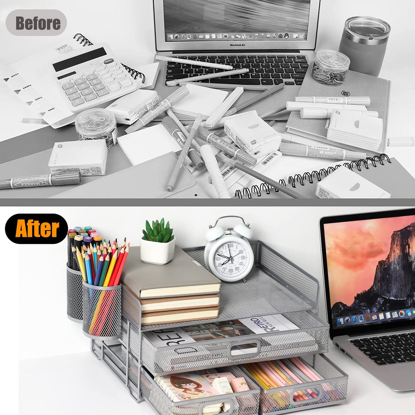 Vikmyer 3-Tray Desktop Organizer with Drawer, Mesh Office Desk Supplies Organizer Document Letter Tray Holder for Office Home (2 Pen Holders) Silver-3 Drawers
