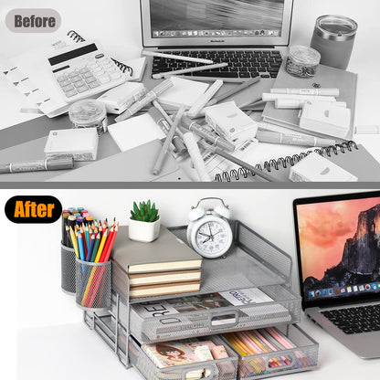 Vikmyer 3-Tray Desktop Organizer with Drawer, Mesh Office Desk Supplies Organizer Document Letter Tray Holder for Office Home (2 Pen Holders) Silver-3 Drawers