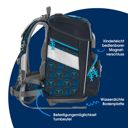 Step by Step school bag set "Space Shine Shark Dexter” 5-piece, ergonomic reflective material backpack, height-adjustable, for 1st grade onwards, 20L capacity, blue-black, shark-themed.