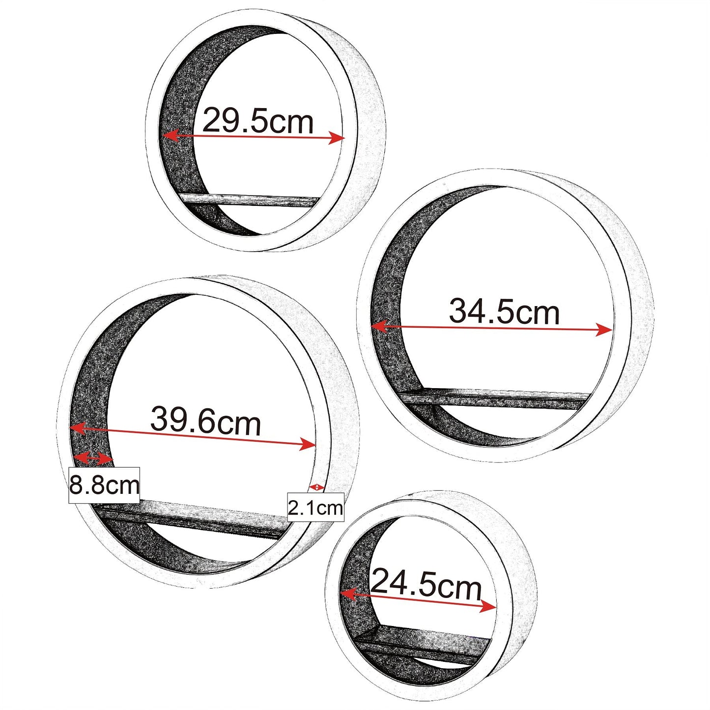 WOLTU wall shelf 4-piece set floating round shelves book, cube hanging shelf wall board, white, for office, living room, bedroom, kitchen, 39.6/34.5/29.5/24.5 cm diameter.