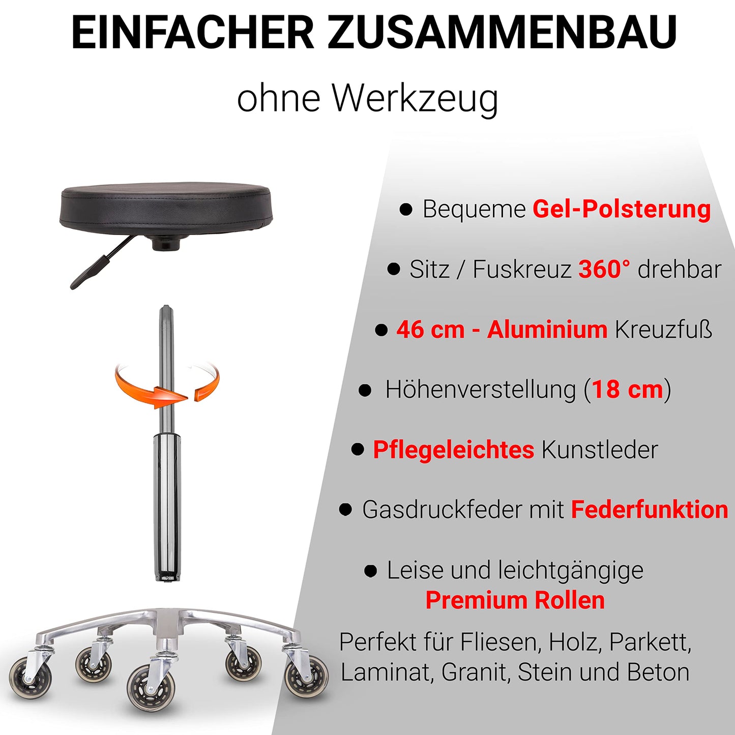 Staboos rolling stool up to 160 kg - gel cushion seat round - practice stool (premium castors) swivel stool height adjustable (55 cm to 75 cm) round stool