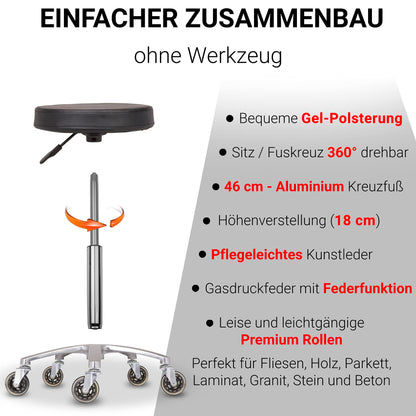 Staboos rolling stool up to 160 kg - gel cushion seat round - practice stool (premium castors) swivel stool height adjustable (55 cm to 75 cm) round stool