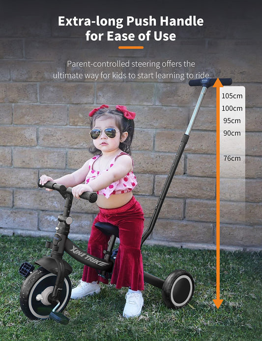 Besrey 7 in 1 Toddler Tricycle with steering handle for 1-5 years, foldable wheels, toddler bike with wheel coupling, larger wheels, detachable pedals, adjustable seat height, Black