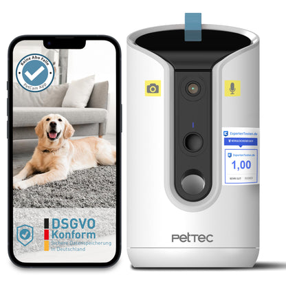 PetTec® pet camera 360° and automatic feeder with treat dispenser - via app & multi-button - bark detection - 3MP night vision function - dog camera & cat camera