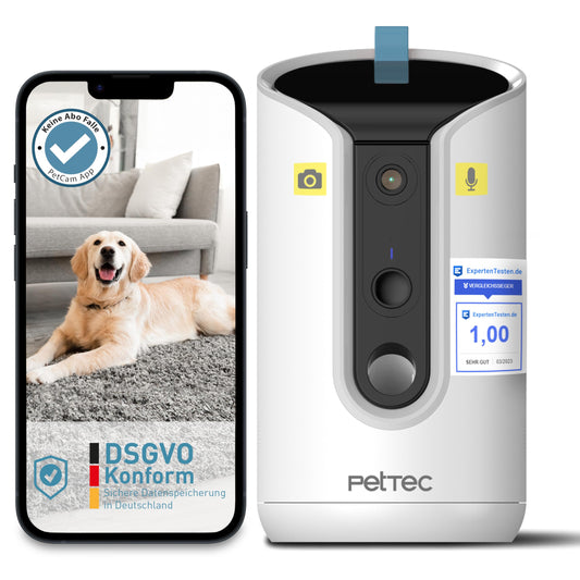 PetTec® pet camera 360° and automatic feeder with treat dispenser - via app & multi-button - bark detection - 3MP night vision function - dog camera & cat camera