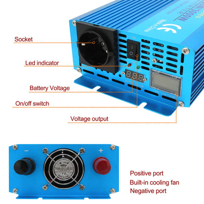 Cantonape 12V 230V inverter 1500W/3000W pure sine wave with remote control, EU socket, LED+LCD display, for car, caravan, boat, camping, travel.