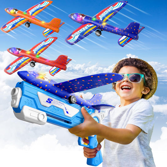 Doloowee Plane Toy, 3 Styrofoam Flyers with Catapult Toy Gun, Outdoor Toy for Kids Age 4+, Gift Boys Girls 4-10 Years
