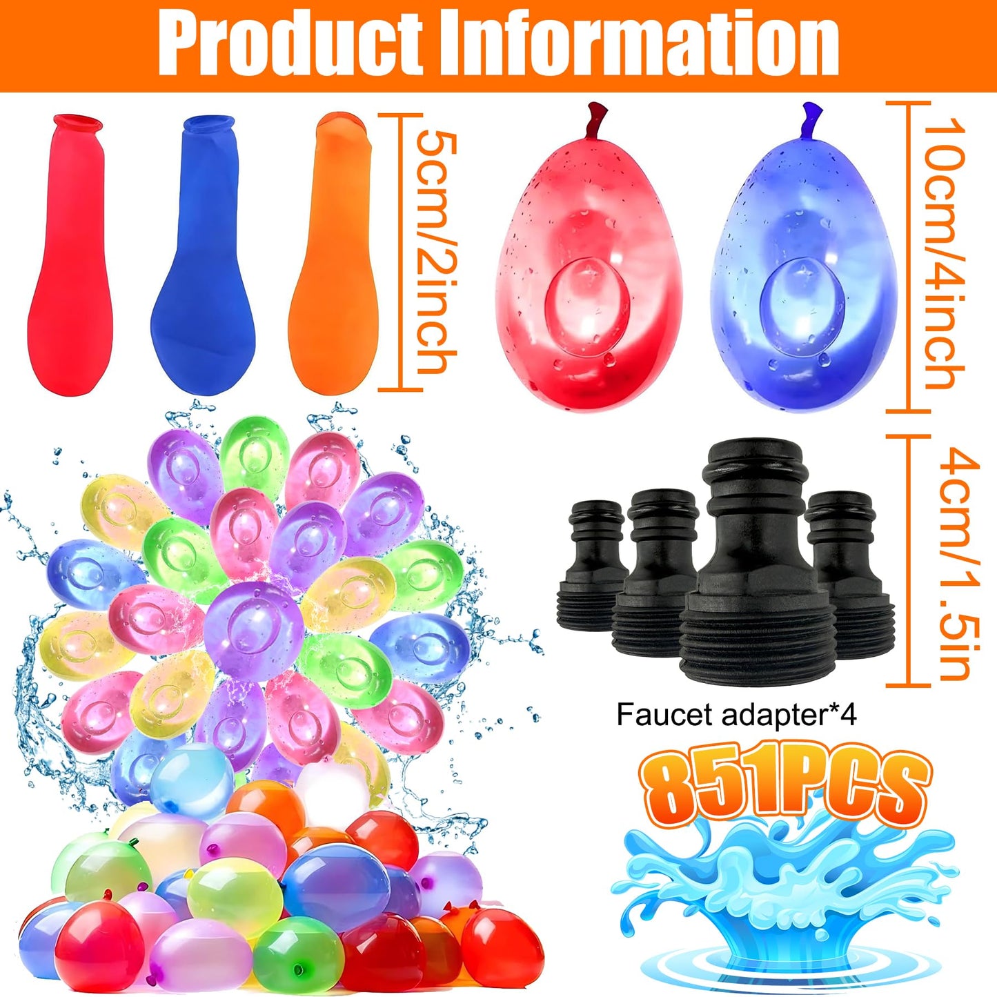 851 Piece Self-Sealing Water Balloons Set - Quickly Fillable Water Bombs with 4 Tap Connectors, Colorful Water Bombs for Water Battles, Perfect for Summer Parties, Pool and Beach Games