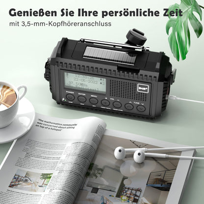 Crank radio DAB/FM, portable solar radio with LED flashlight & reading light, DAB+/FM dynamo radio IPX4, 5000mAh rechargeable emergency radio and SOS alarm. Suitable for hiking, camping, outdoor activities.