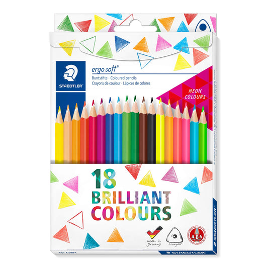 STAEDTLER ergosoft colored pencils (increased break resistance, ergonomic triangular shape, non-slip soft surface, set of 18 brilliant colors, neon colors, cardboard case, 157 C18P1 ST)