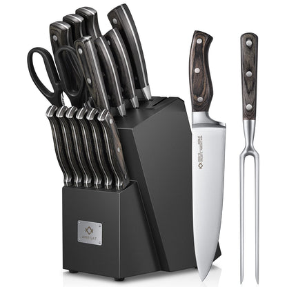AMEGAT 15-piece knife block set with self-sharpening knife block and carving fork, wooden handle in full tang design and 3-rivet design. High-quality stainless steel chef's knife set with wooden block.