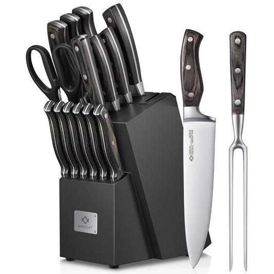 AMEGAT 15-piece knife block set with self-sharpening knife block and carving fork, wooden handle in full tang design and 3-rivet design. High-quality stainless steel chef's knife set with wooden block.
