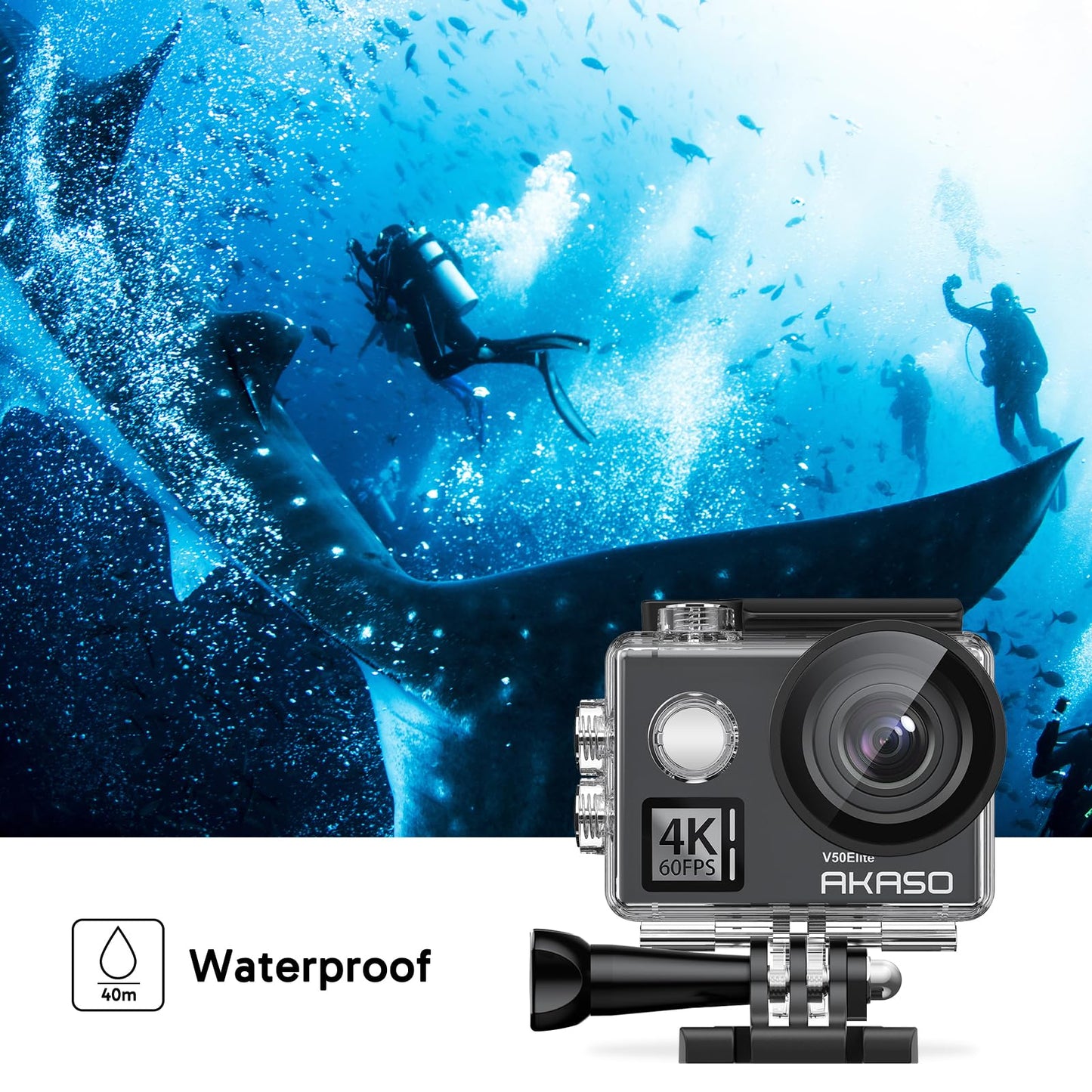 AKASO Action Cam 4K60FPS 40M underwater camera 20MP WiFi Action Camera with touchscreen EIS with 8X zoom voice control remote control accessory kit sports camera (V50 Elite)
