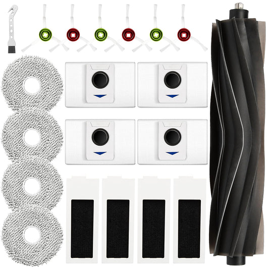 20 pieces of accessories for Ecovacs Deebot T20 Omni/T20e Omni robot vacuum, including 1 rubber main brush, 4 dust bags, 4 mopping cloths, 4 filters, 6 side brushes, and 1 cleaning brush.