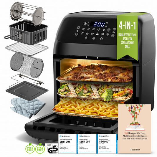 Stillstern Hot Air Fryer 12L with LED Touchscreen, XXL recipe book in German, 12 programs, preheat & keep warm, 1800W Hot Air Fryer Air Fryer XXL without oil dehydrating mini oven camping grill
