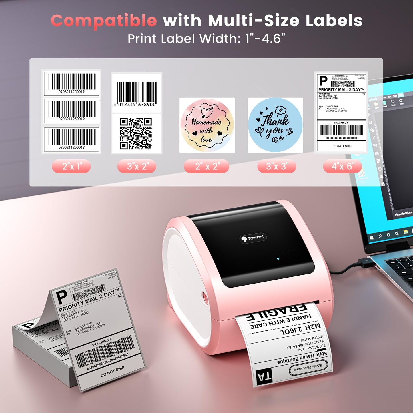 Phomemo D520BT Bluetooth thermal printer - DHL label printer for 4X6 labels, barcode shipping labels compatible with Ebay,Amazon,Etsy,Shopify, UPS,FedEx etc, Pink.