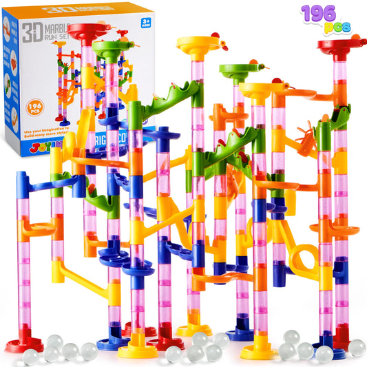 JOYIN 196-Piece Multicolored Marble Run Set, Building Blocks Toy, Educational Mint Learning Toy, Learning Building Block, Construction Toy for Kids (156 translucent plastic pieces + 40 glass marbles)
