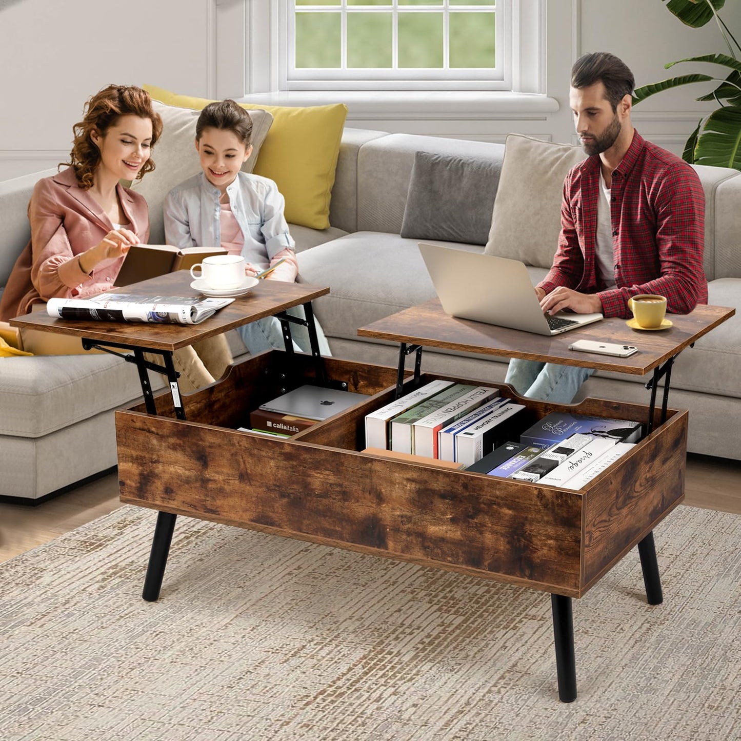 VOWNER Coffee Table, Adjustable Height Coffee Table, Extendable, Retractable Living Room Table, Separate Hidden Storage Compartment, Double Lift Top, Side End Table, Vintage Brown