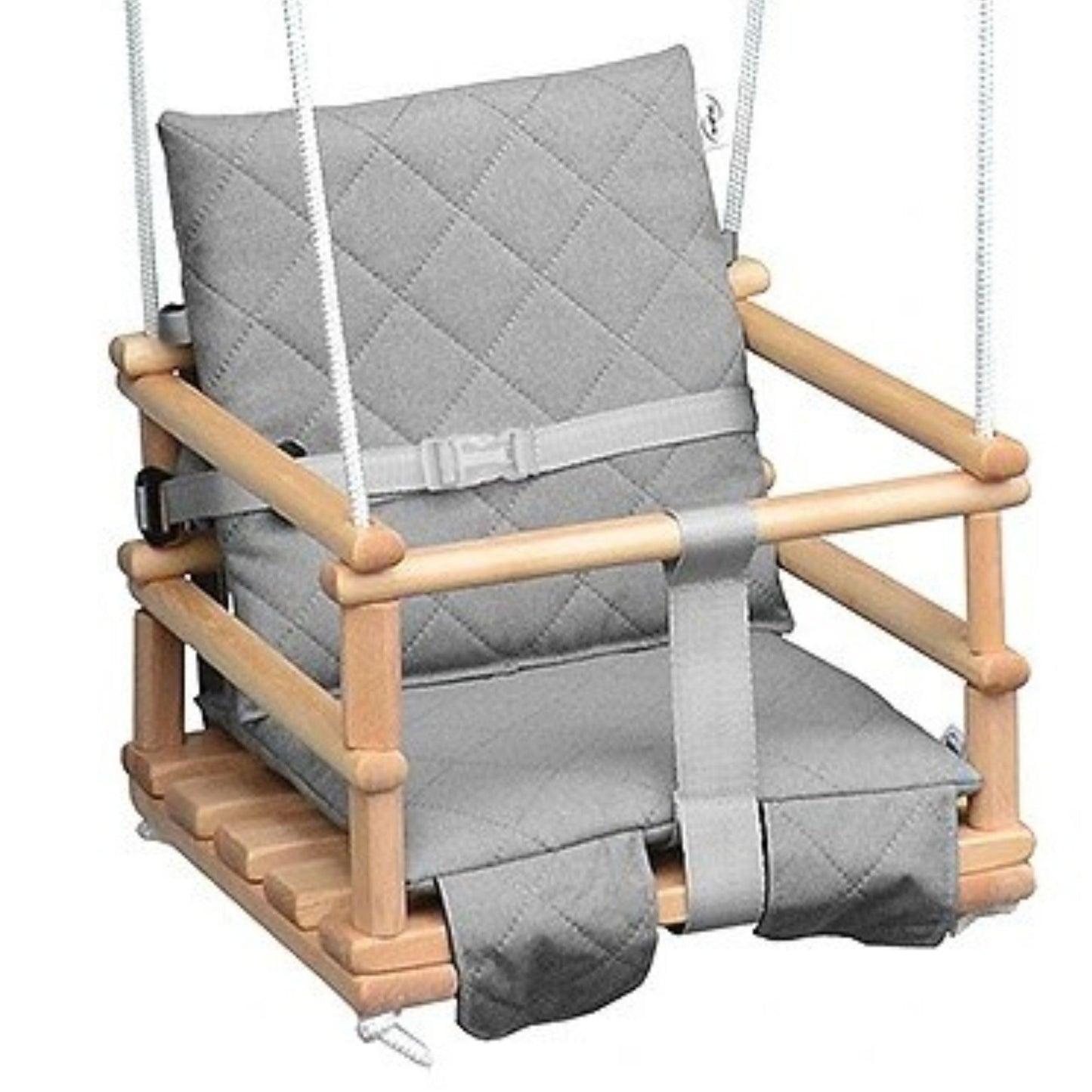 Wooden baby swing, children's swing made of wood, wooden baby bouncer, indoor baby swing, fabric baby seat, hanging baby swing, 4-in-1 safety harness, indoor/outdoor use (natural & light gray).