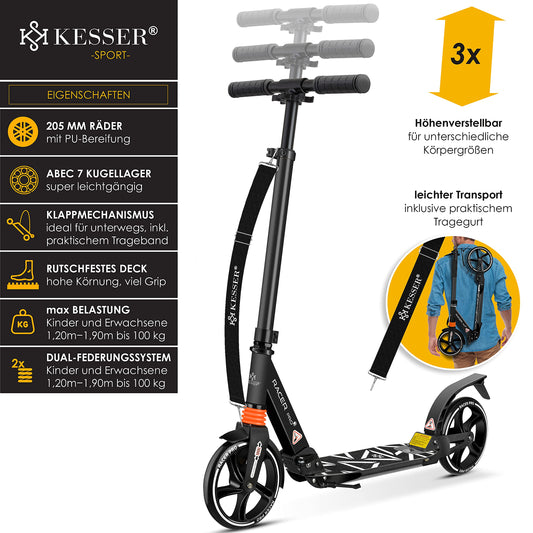 KESSER® City Scooter Scooter 205mm Wheels PU Big Wheel - Pro-S Kick Scooter with Dual Suspension, Foldable City Scooter and Adjustable Height, Includes Strap, Roller Kick Scooter for Adults and Children