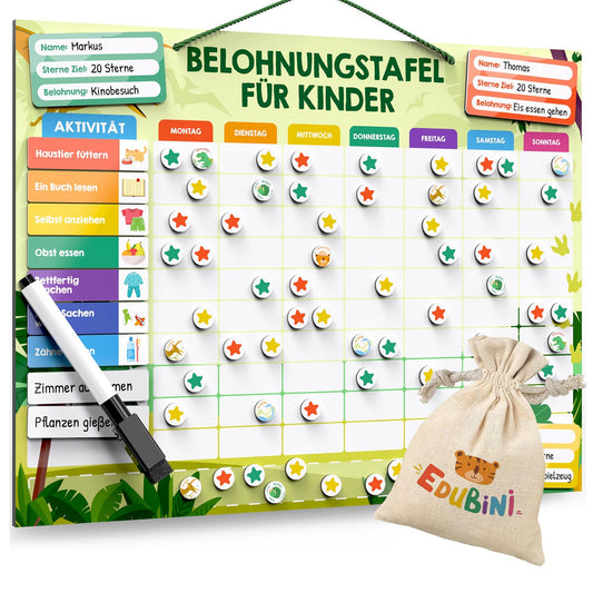 Reward chart for kids - [100 tasks + 350 magnets] - Reward system for responsibility - Family plan, Montessori magnetic board, weekly planner, ADHD tool - includes bag, pen (dinosaur)