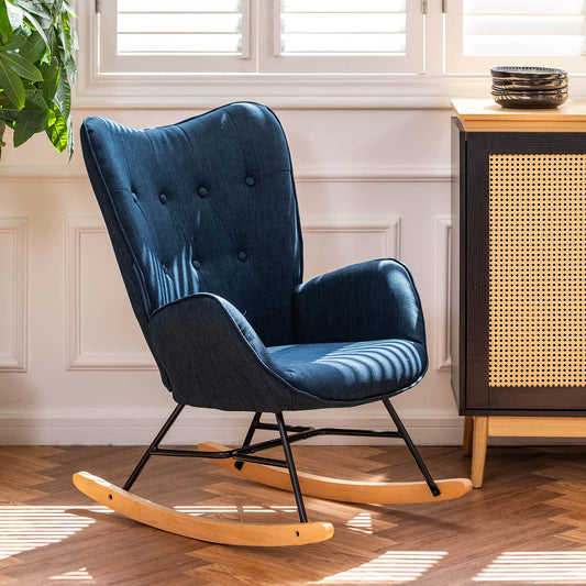 Cosy armchair rocking chair with armrests and padded seat for living room, bedroom, balcony. Supports up to 120 kg. Dark blue fabric and wooden rockers.