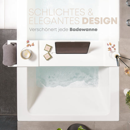 Pampeliška Premium bathtub tray in white with bamboo towel holder. Includes e-book/smartphone/tablet holder, wine glass holder, and candle holder. A luxurious addition to your bath time.