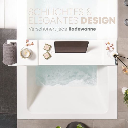 Pampeliška Premium bathtub tray in white with bamboo towel holder. Includes e-book/smartphone/tablet holder, wine glass holder, and candle holder. A luxurious addition to your bath time.