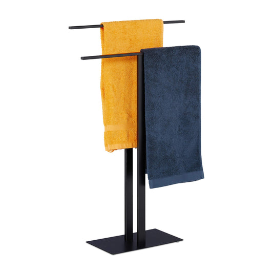 Relaxdays towel stand, 2 poles, freestanding, bathroom, iron, double towel holder H x W x D: 82 x 50 x 19 cm, black, 1 piece