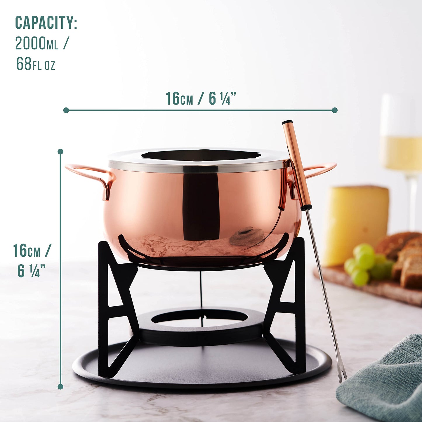 Oak & Steel - 10-piece Premium Stainless Steel Fondue Set for 6 people, Rose Gold/Copper - Chocolate, Cheese, Meat - Sturdy & Stylish - Gift Set for Valentine's Day/Birthday/Anniversary