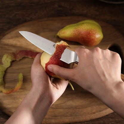 Wakoli Oribu Damascus Kitchen Knife Full Tang with 12.5 cm Blade - Herb knife made of 67 layers of Damascus steel with VG-10 core, knife with olive wood handle in gift box - Knife sharp chef's knife