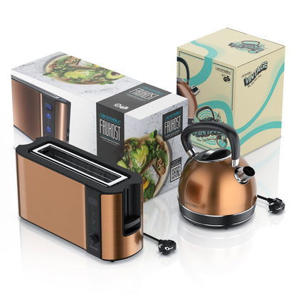 Arendo - Copper-look kettle with toaster SET - Electric kettle max 2200W, limescale filter, 1.7 liters, 2-slice long slot toaster with bun attachment, breakfast set