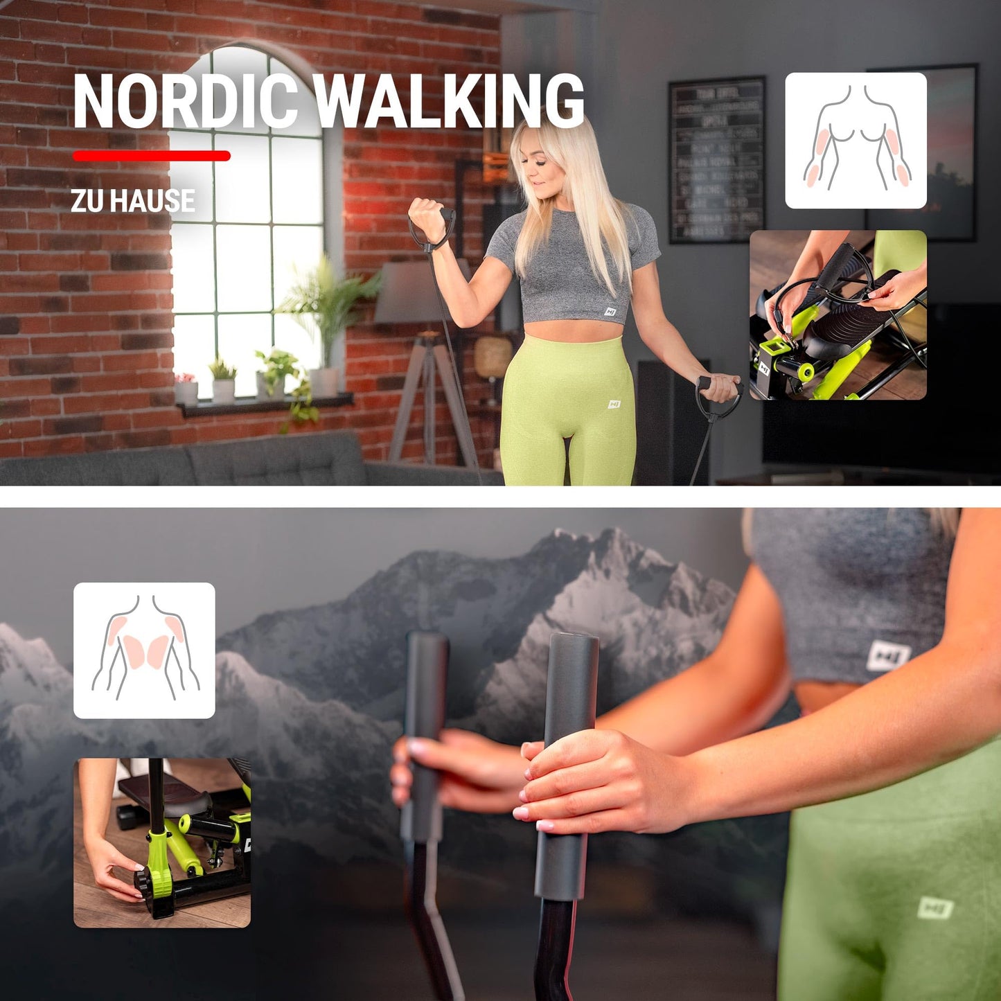 Hop-Sport Stepper Lime Green with handles - Nordic Walking and Swing Stepper for home, Adjustable stepping surfaces, Detachable expanders, Cardio fitness device for home.