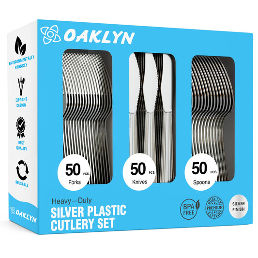 Durable plastic cutlery set - 50 forks, 50 spoons, 50 knives - kitchen utensil set - reusable stylish kitchen utensil set.