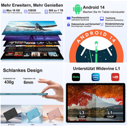 DMOAO 10 inch Android 14 tablet with 5G WIFI, 6GB RAM + 128GB ROM (TF 1TB), Widevine L1, Octa-Core, BT 5.0, Face ID, FHD 1280 * 800 IPS display, 6000 mAh battery, 2 in 1 tablet with keyboard + mouse, Blue.