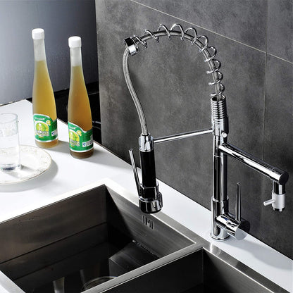 Professional kitchen sink faucet mixer tap with pull-out spring spray in chrome color.
