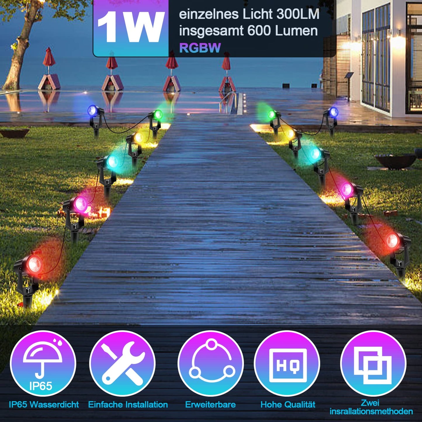 Gimisgu garden lighting LED, 6 in 1 RGB color changing garden lights LED with ground spike, 6-piece set garden lamp pathway lighting with plug and remote control, IP65 waterproof for garden pond.