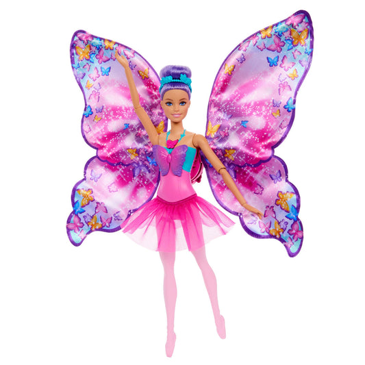 Barbie Dance and Flutter Doll with 2-in-1 transformation from dancer to butterfly with opening wings, purple hair, hair accessory, and removable tutu, HXJ10.