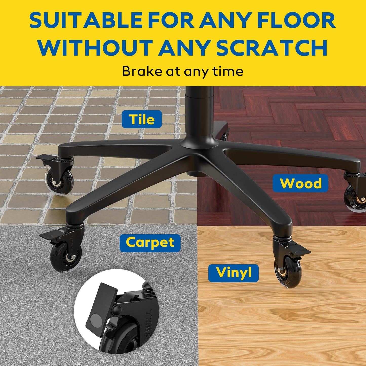 WEWILL office chair casters with lock, 5pcs office chair replacement casters, wear-resistant heavy-duty office chair casters replacement floor protectors with brake (10 * 22mm, not suitable for most casters)