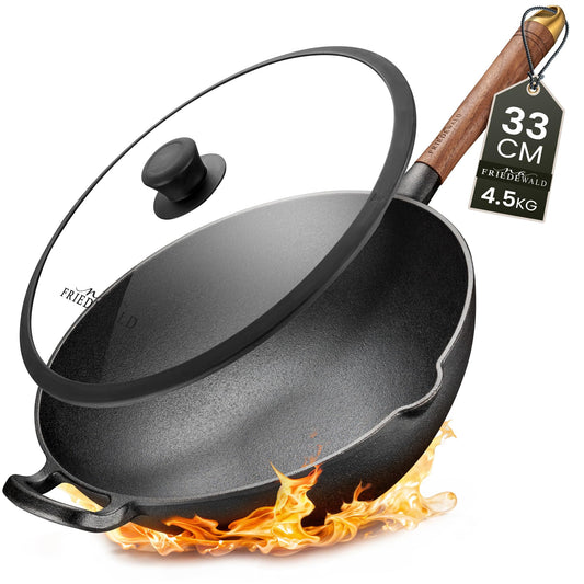 Friedewald® Cast Iron Wok with Lid - induction compatible - 33cm 5L / for 4-6 people - all cooktops - large grill & frying pan - non-stick coating - high rim - braising pan