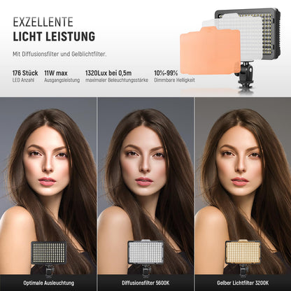 NEEWER 176 LED Video Light Set: Dimmable video light panel, streaming light with 2200mAh Li-Ion battery, key light with USB charger and carrying bag for product and portrait lighting camera photography.