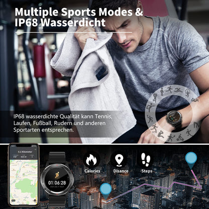 Men's smartwatch with phone function 1.39" DIY HD full touchscreen watch fitness tracker 30+ sport modes activity tracker IP68 waterproof wristwatch with sleep monitor pedometer message reminder
