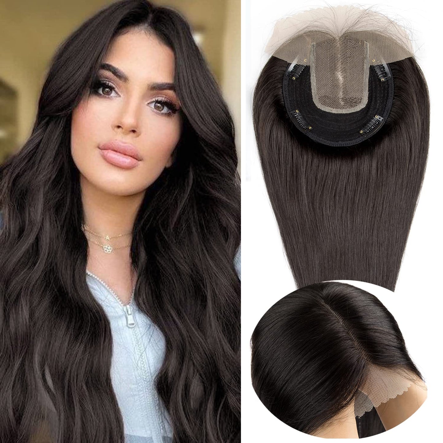 Origin Real Hair Topper For Women Thinning Hair 150% Density Clip in Topper Real Hair Extensions 14x15cm Mono Base Handmade Toupee with Lace Front 30cm-70g #1B Natural Black