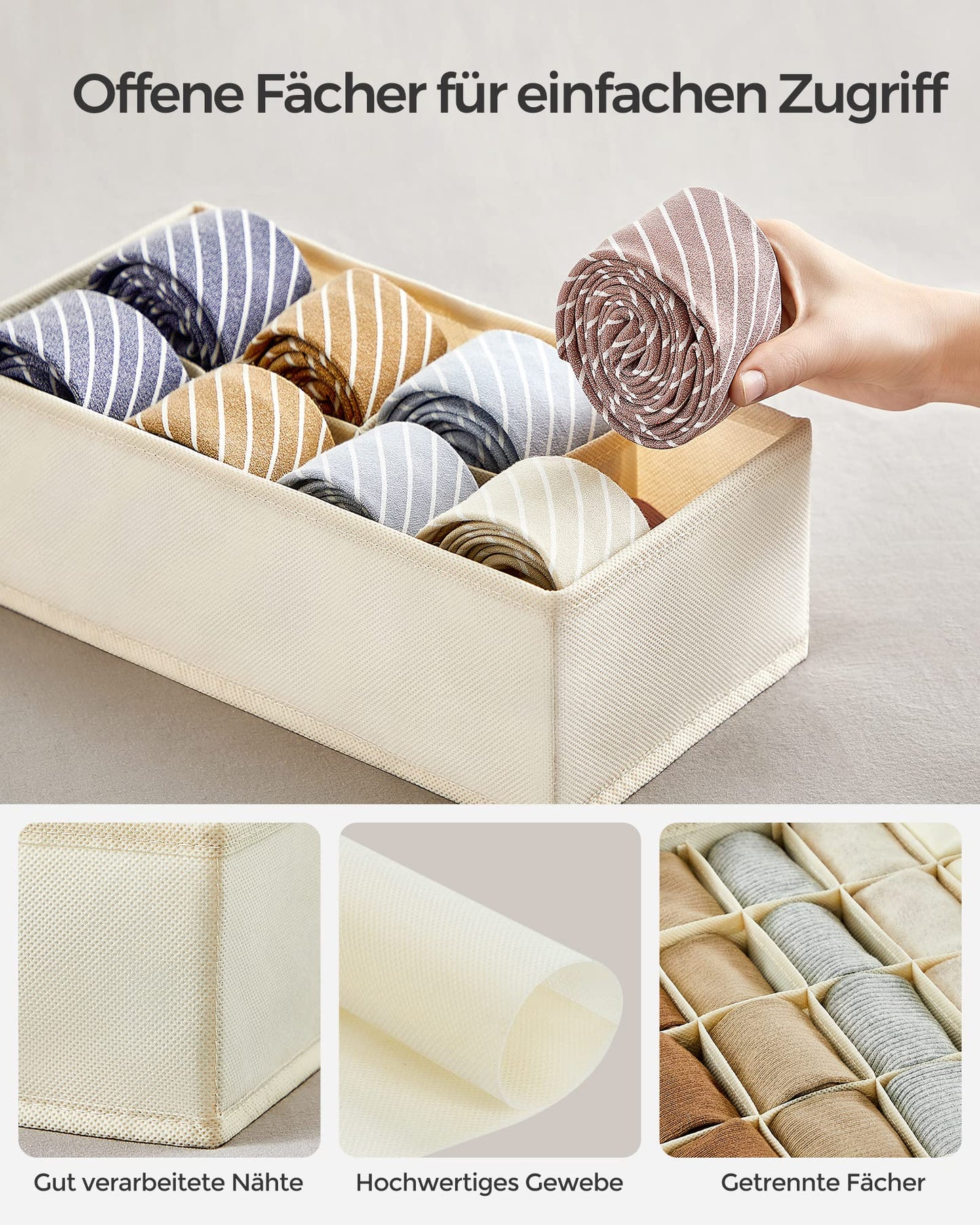 SONGMICS Underwear Organizer 8-pack, foldable drawer organizer, wardrobe organization system, storage box for bras, socks, ties, beige RUS008M01.