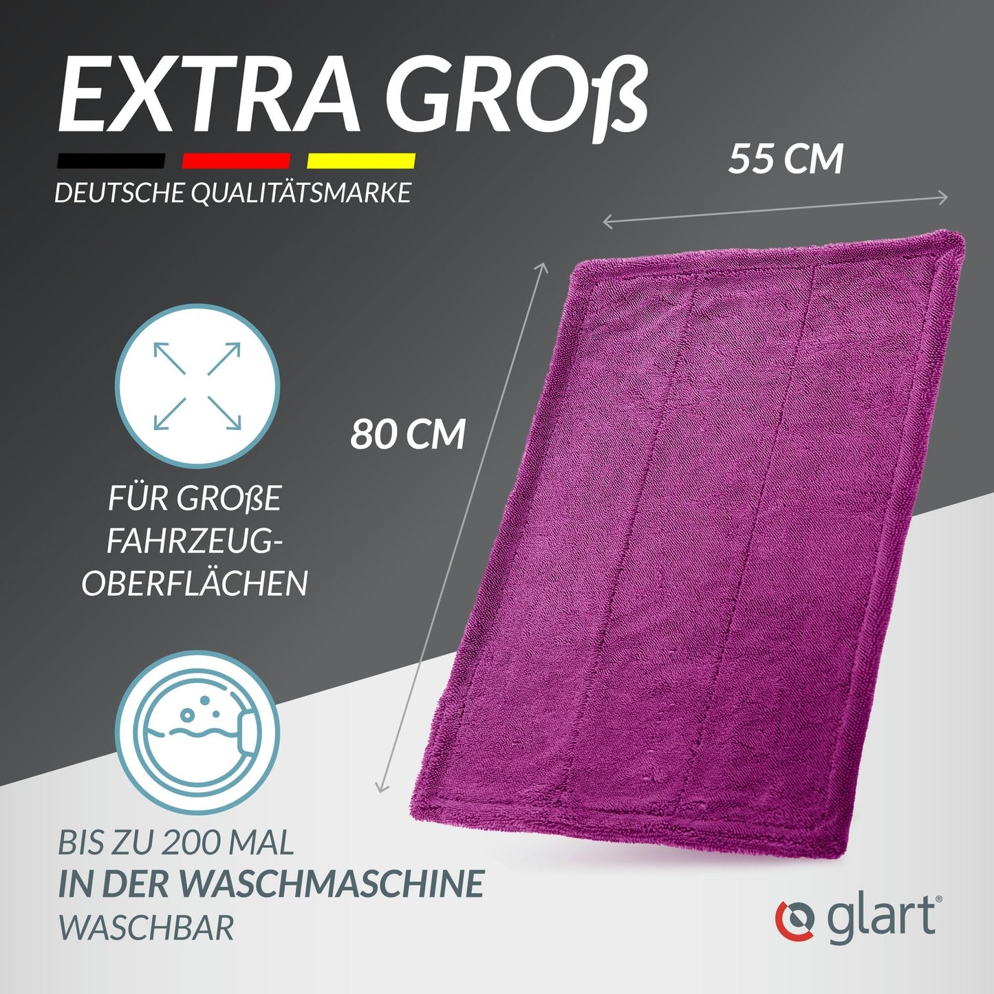 Glart Twist Car Drying Towel XXL (80x55cm) - Premium, extra absorbent, scratch-free. Ideal before car polish & after wheel brush. Large microfiber drying towel for car & motorcycle, lint-free.