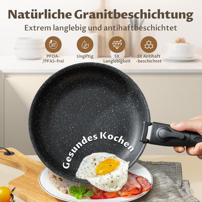 Fadware induction pan set with 20, 24, and 28 cm non-stick frying pans. Removable handle, suitable for all hob types. PFOA and PFAS free, oven safe, easy to clean, great for camping.