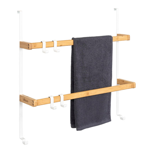 eluno Door Hanging Shelf made of metal and bamboo, door towel holder with 2 towel bars, 4 convenient hooks, for hanging without drilling (White)