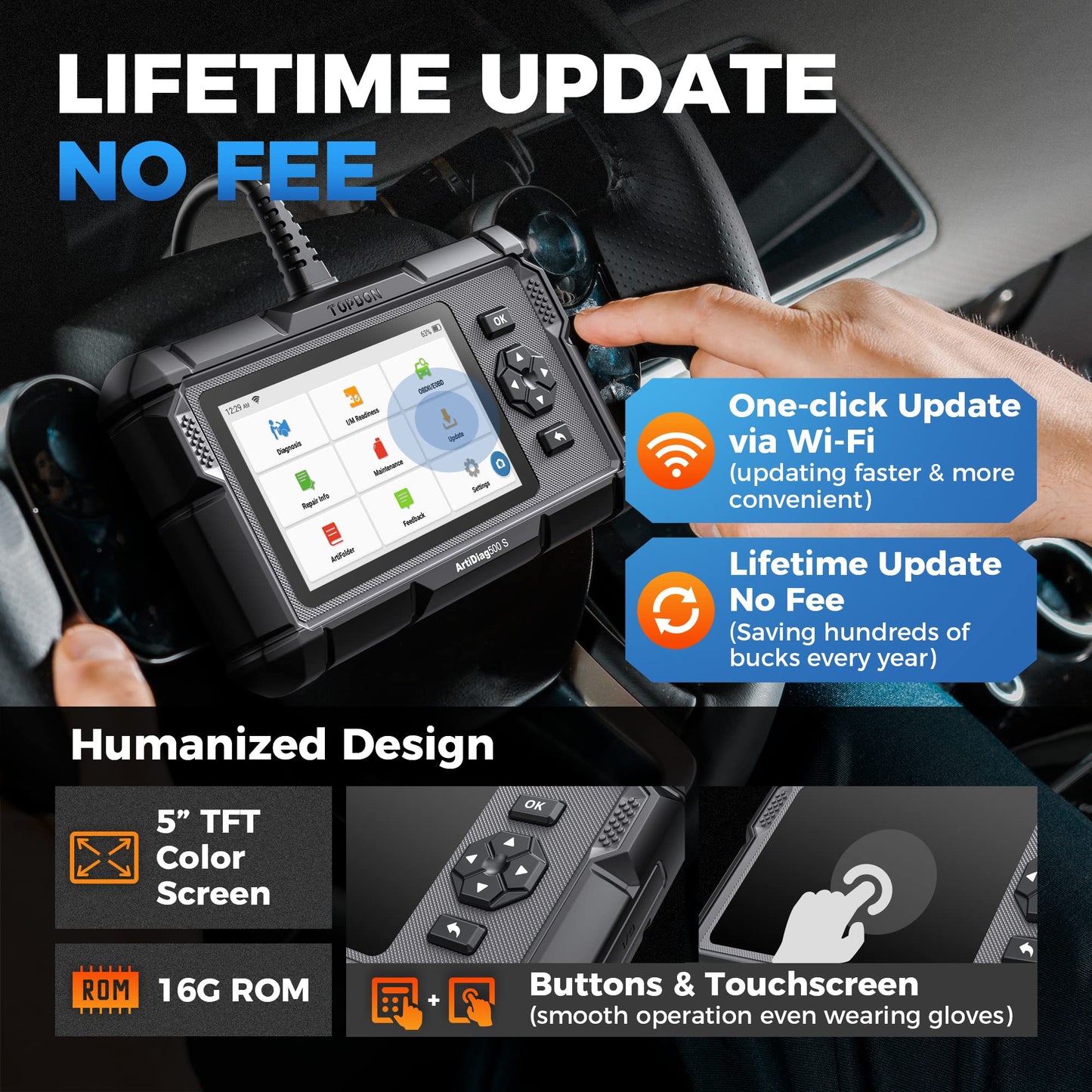 TOPDON OBD2 Diagnostic Tool Auto AD500S, 4 diagnostics for ABS SRS engine and transmission, 5 service functions for oil, BMS, ABS, DPF, and throttle body adjustment, free lifetime upgrade.
