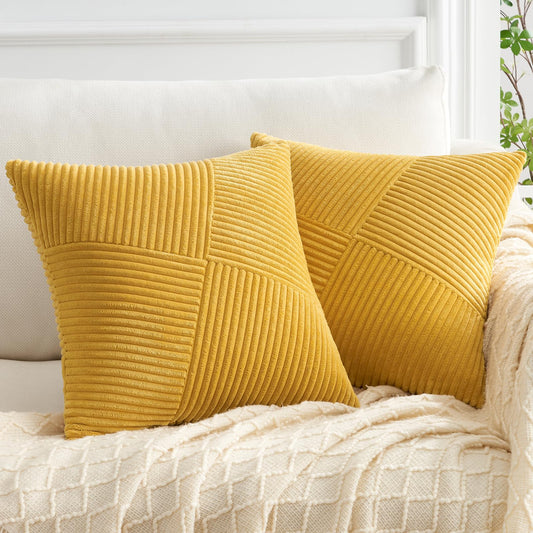 Topfinel Pillow Cover 24x24 Yellow Corduroy 2-Pack Windmill Striped Pillowcases Cushion Cover Decorative Throw Pillow Case Patchwork Design for Living Room Bedroom Couch