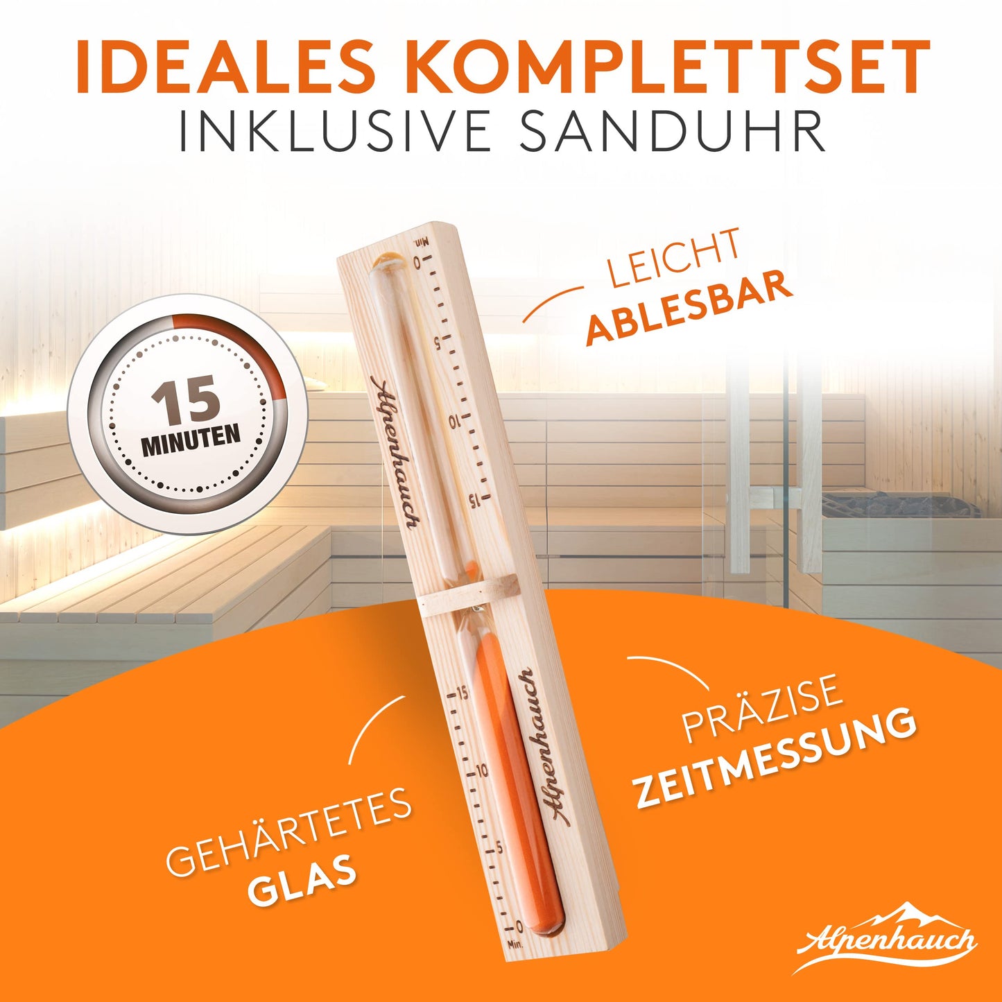 ALPENHAUCH Sauna Bucket with Ladle [100% natural wood] - Premium sauna bucket set with sauna hourglass & thermometer/hygrometer - Durable sauna accessory - Infusion bucket set includes practical sauna booklet
